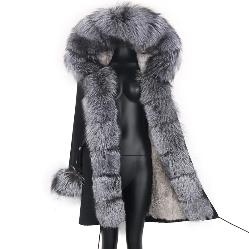 Реальная шуба натуральный натуральный меховой воротник теплый большой меховой мех верхняя одежда съемные женские длинные парки женщины мода зимняя куртка 211018