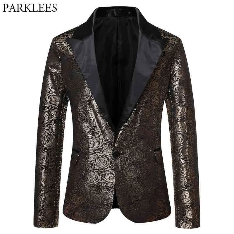 Chaqueta de traje con estampado de oro rosa para hombre Un botón Patchwork Colalr Vestido Blazers Fiesta masculina Cena Boda Escenario Ropa para cantantes 210522