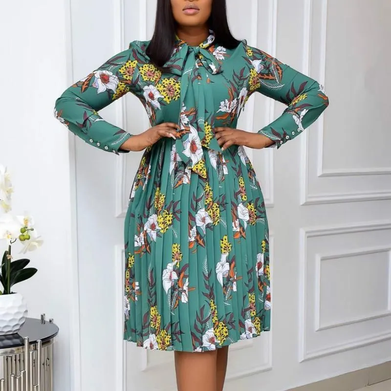 Femmes Imprimé Robe Plissée Manches Longues Avec Noeud Papillon Floral Genou Longueur Élégant Bureau Dames Chic Mode Africaine Femme Casual Robes