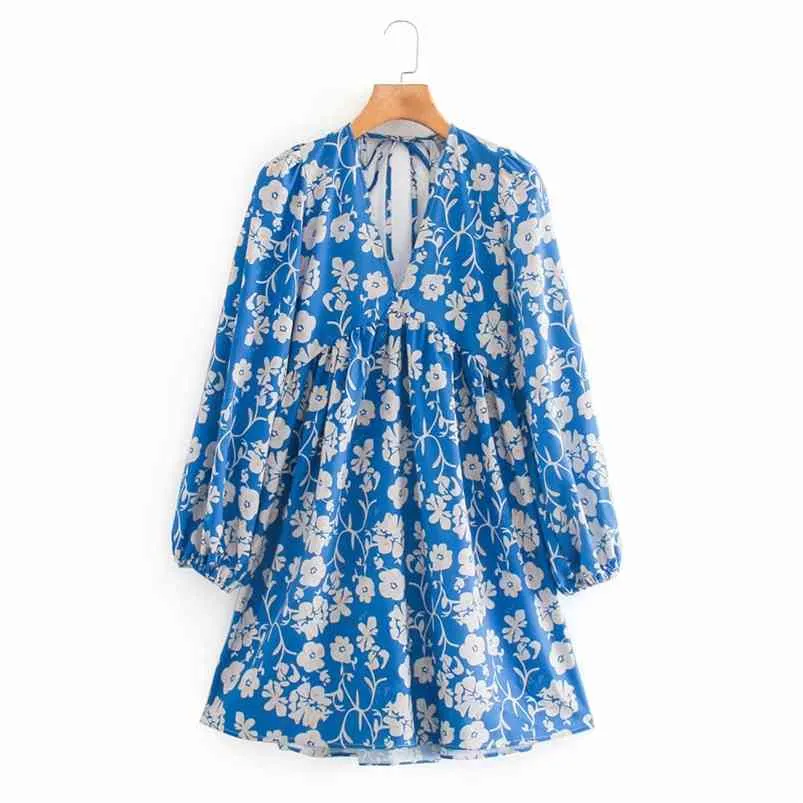Summer Women Deep V-Neck Dress Floral Print Long Sleeve Vintage Mini es Female Elegant High waist Backless Cloth 210513