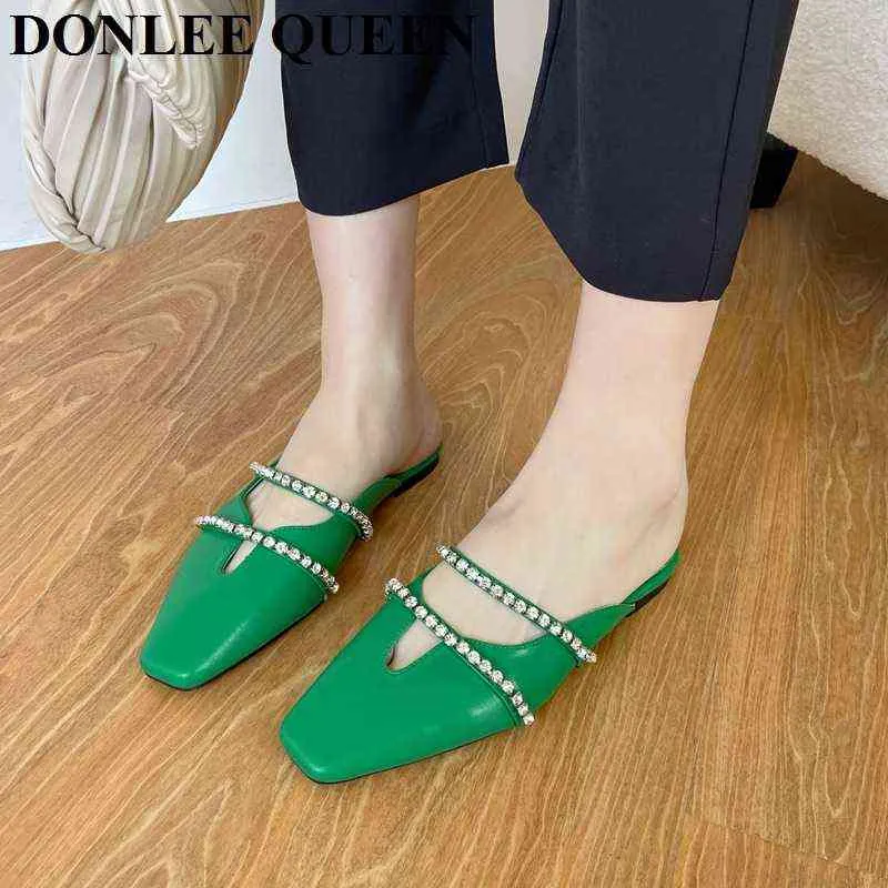 Slippers Spring Slippers Women Brand Slide Lady Flat Square Toe Mule Fashion Crystal Rhinestone Candy Color Outdoor Green Flip Flops 220307