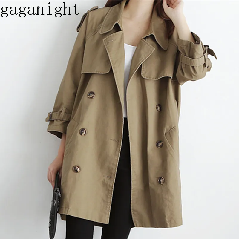 Gaganight Wiosna Jesień Kobiety Średniej Długi Trench Coat Double Breasted Solid Casual Luźne Oversize Kobiet Elegancki Koreański Styl Khaki 210519