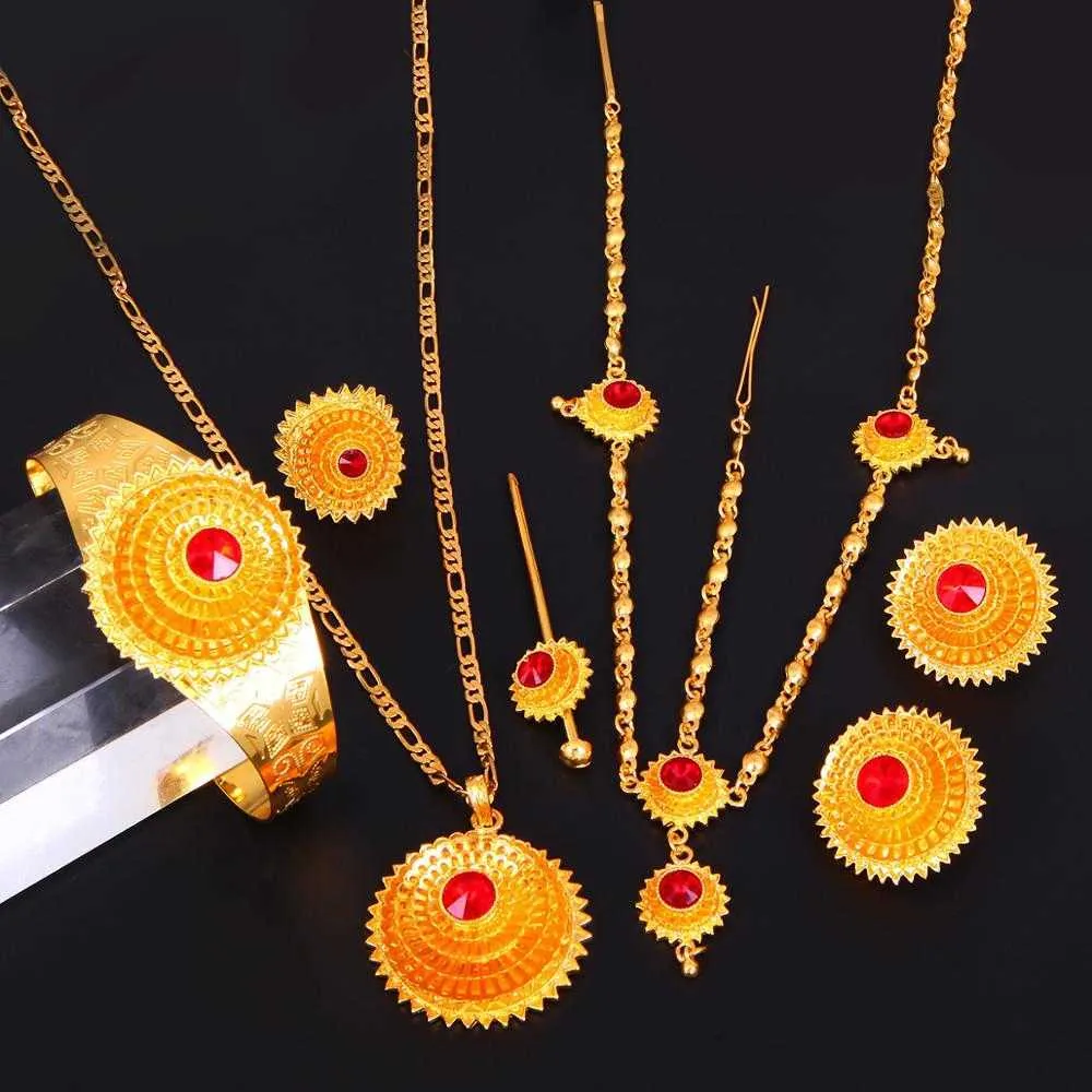 Ethiopian Gold Color Hair Piece Pendant Necklace Earings Ring Hair Pin Bracelet Eritrea Africa Women Wedding Jewelry Set H1022