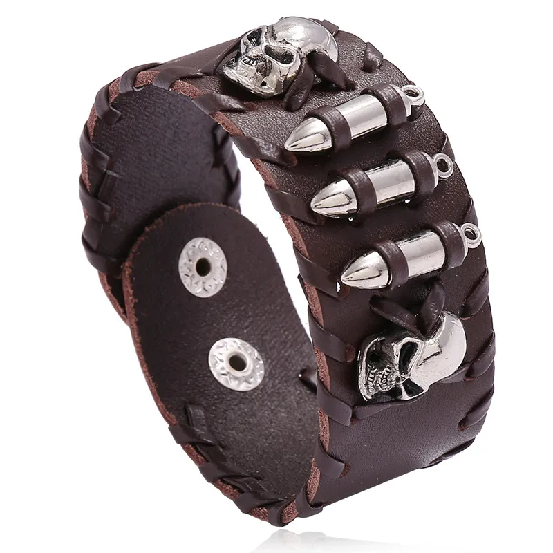 Hip Hop Skeleton Head Bullets Punk Bracelet Wide Leather Gothic Dark Style Viking Bangles Cowboy Mens Leather Bracelet Gift From Canuomen jewelry 3.05 DHgate.Com