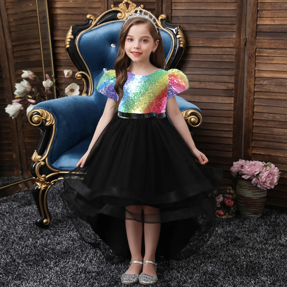 Robe de mariée à paillettes pour enfants, tenue de soirée princesse à gros nœud, vêtements de fête pour filles de 14 ans