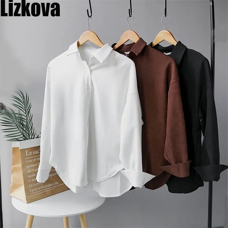 Lizkova velours côtelé blanc chemise formelle femmes manches longues chemisier officiel dames tops surdimensionnés 8876 210323