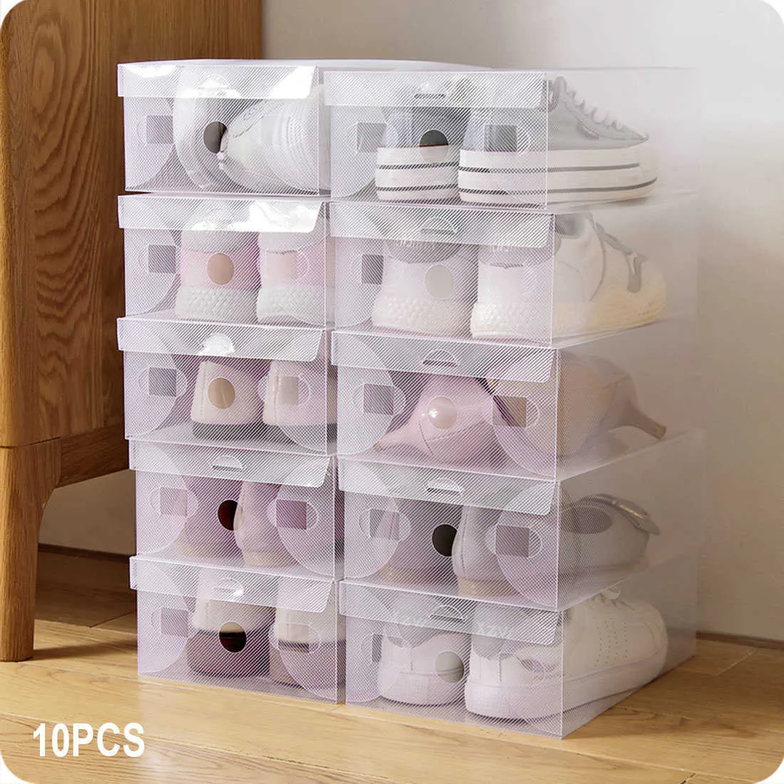 Storage Baskets 10pcs Transparent Clear Plastic Shoe Box Storage Shoe Boxes Foldable Shoes Case Holder Transparent Shoes Organizer Cases Boxes 210626