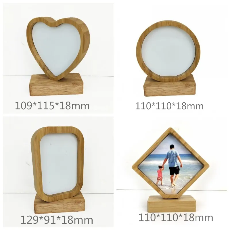 Bamboos Sublimation Blank Photo Frame With Base DIY Double Sided Wood Love Heart Round Frames Magnetism Picture Painting Decoration 13bd G2