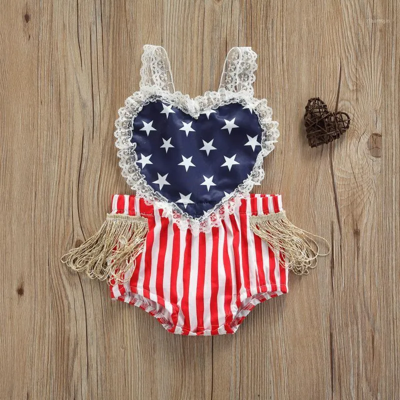 Rompers Infant Baby Girls Romper Summer Star Stripe Heart Independence Day Lace Sleeveless Suspender Jumpsuit Toddler Outfits