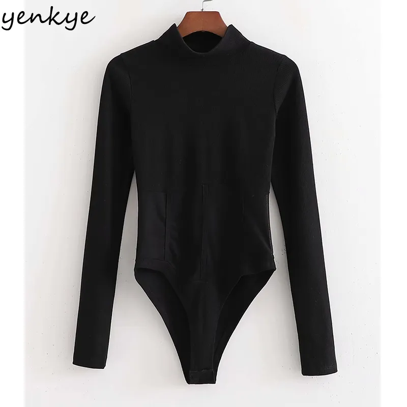 YENKYE Vintage Patchwork Schwarz Bodysuit Frauen Rollkragen Langarm Sexy Tops Körper Femme Overall 210515