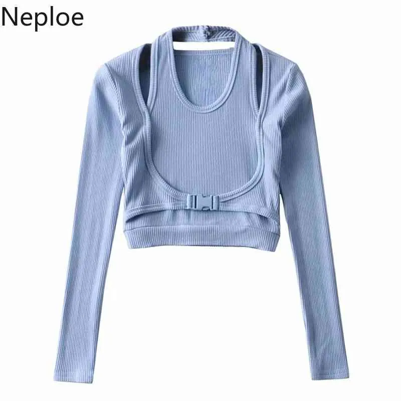 Neploe Woman Tshirts Fake Two-piece Long-sleeve Halter Neck Cropped Top Sexy Hollow Out Harajuku Shirts Short Korean Fashion Tee 210422