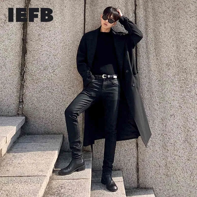 IEFB Coated Black Jeans Mäns Slim Fit Ben Straight Denim Byxor Vår Vinter Koreansk Fashion Casual Byxor För Man 4767 210524