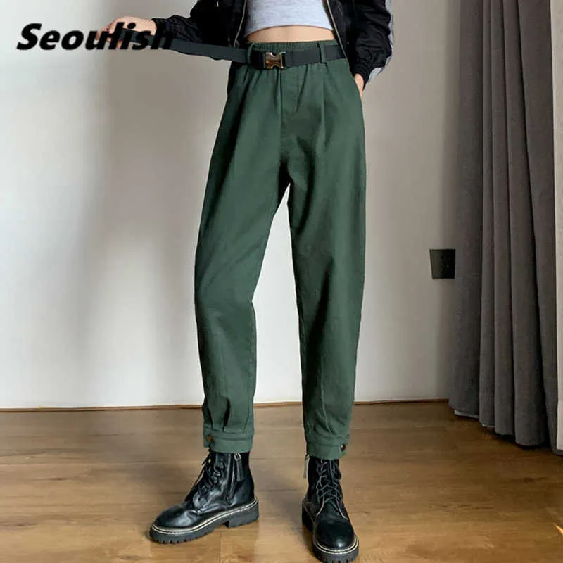 Seoulish 2021 New Spring Summer Women's Harem Cargo Byxor med bälte Casual Loose Sweatpants Hög midja Ankellängd Byxor Q0801