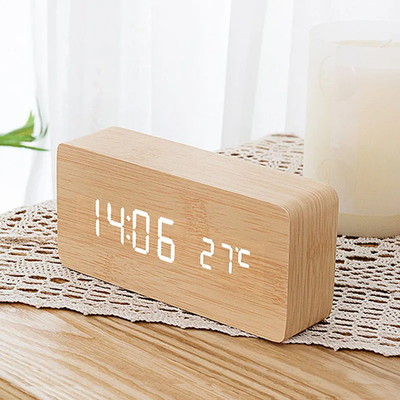 Desk Electronic Alarm Clock Table Wood LED Digital Alarm Clocks Sound Sensitive Snooze Temperature Display Home Decoration Student Gifts ZL0343