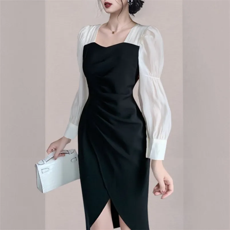 Spring Fashion Women Elegant Square Collar Formal Dress Puff Sleeve Office OL Party Pencil Vestidos 210519