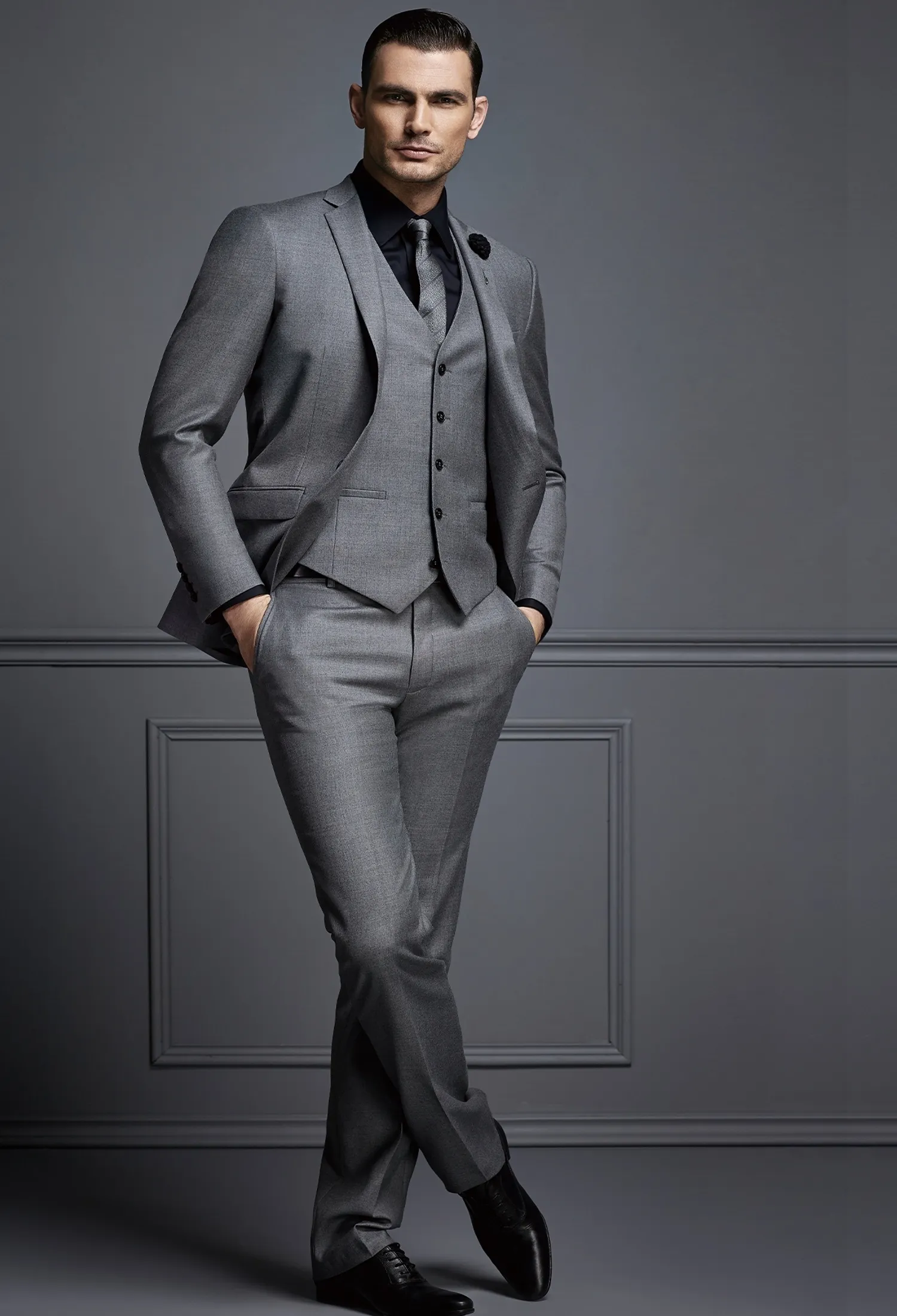 Stilig grå kostymer för män mode brudgum kostym bröllop tuxedos köpa igen mina beställningar Traje de tres piezas para hombres fato de mens (jacka + väst + byxor) HY6004