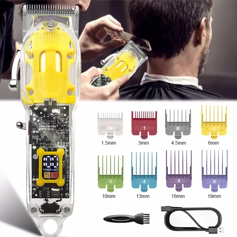 Transparent Electric Hair Trimmer Men's Beard Trimming Shaving Clippers USB Rechargeable Hair Cutting Machine