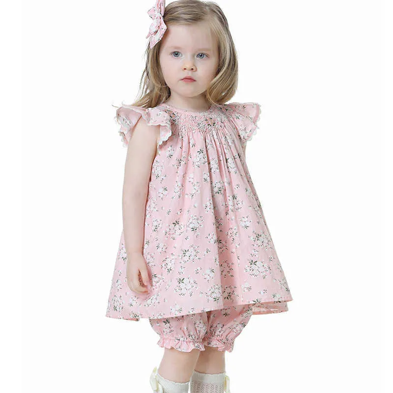 2 Pcs Bébé Fille Smocké Floral Dress Infant Smock Frocks Enfants Espagnol Boutique Vêtements Toddler À La Main Smock Robes 210615