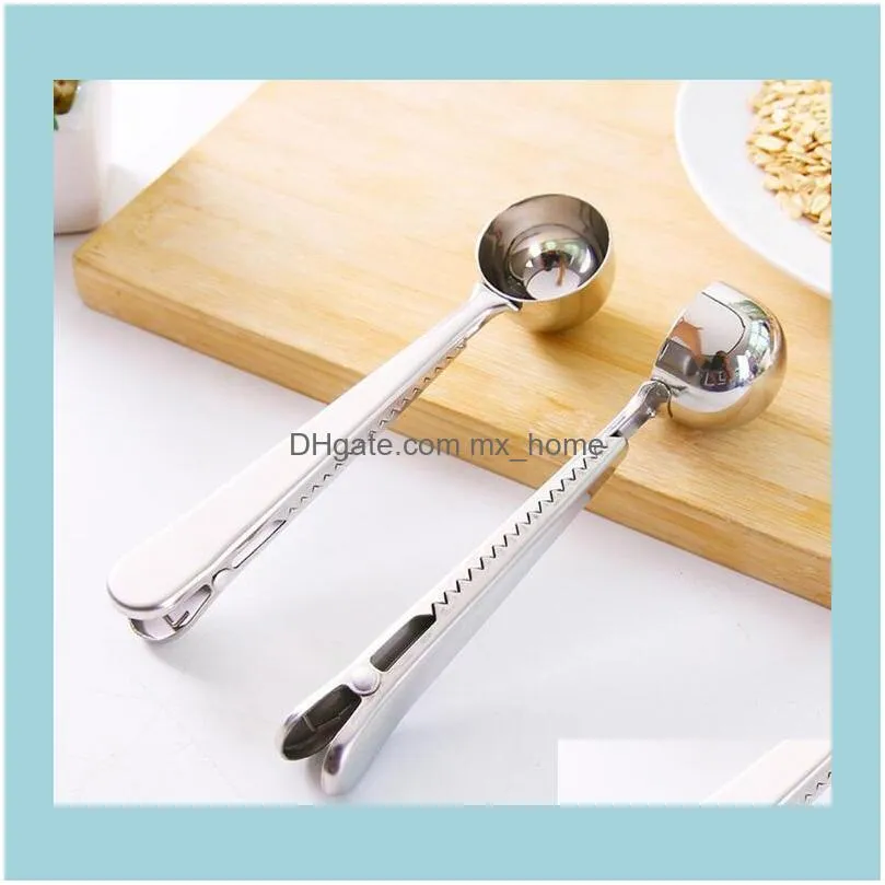 Stainless Steel Coffee Scoop Multifunction Spoon Sugar Scoop Clip Bag Seal Measuring Clamp Spoons Portable Food Kitchen Tool Supplies