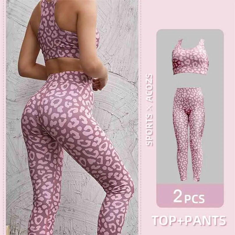 Vutru sömlösa kvinnor yoga set träning sportkläder gym kläder fitness gröda högsta midja leggings sport rosa leopard kostymer 210802
