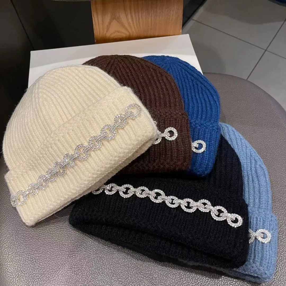 Casquettes en laine épaisse Double couche pour enfants, chapeaux chauds avec strass, élégants, tricotés, à la mode, automne et hiver