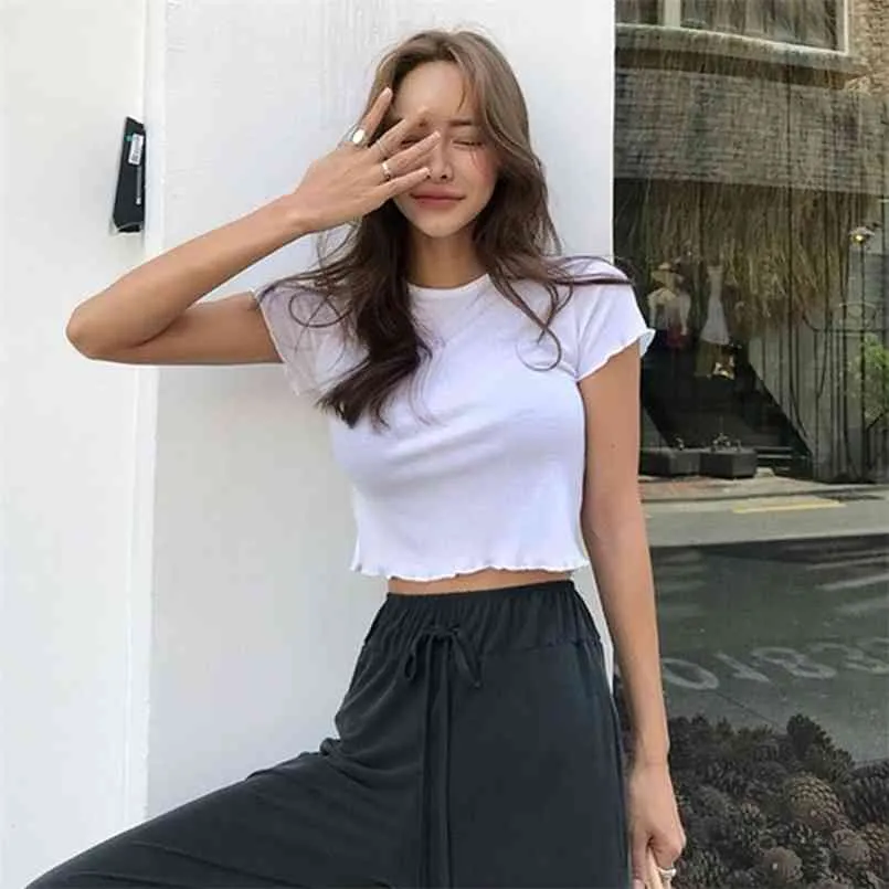 Sommar Top Sexig T Shirt Kvinnor Elasticitet T-shirt Koreansk stil Kvinna Kläder Slim Tshirt Kvinna Casual Short Sleeve 210423