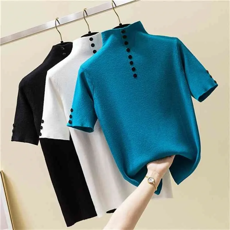 Vogue de verão Botão de malha camiseta Mulheres Turtleneck Manga Curta Slim Sólida Camiseta Feminino Senhoras Pulôver Tops 210324