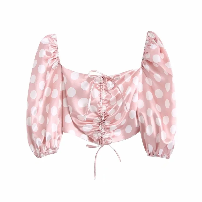 Elegant Women Square Collar Satin Shirts Fashion Ladies Pink Drawstring Short Tops Sweet Female Chic Polka Dot Blouses 210427