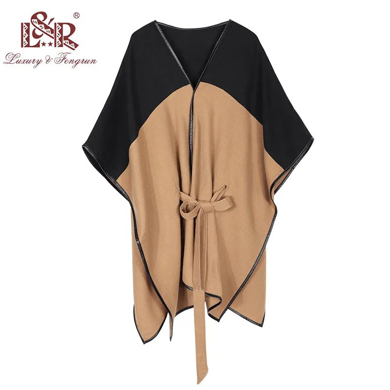 2021 Design Waistban Dess Inverno para senhoras Cashmere Lã S Hem de Couro Shawl Malha Mulheres Poncho Scarf