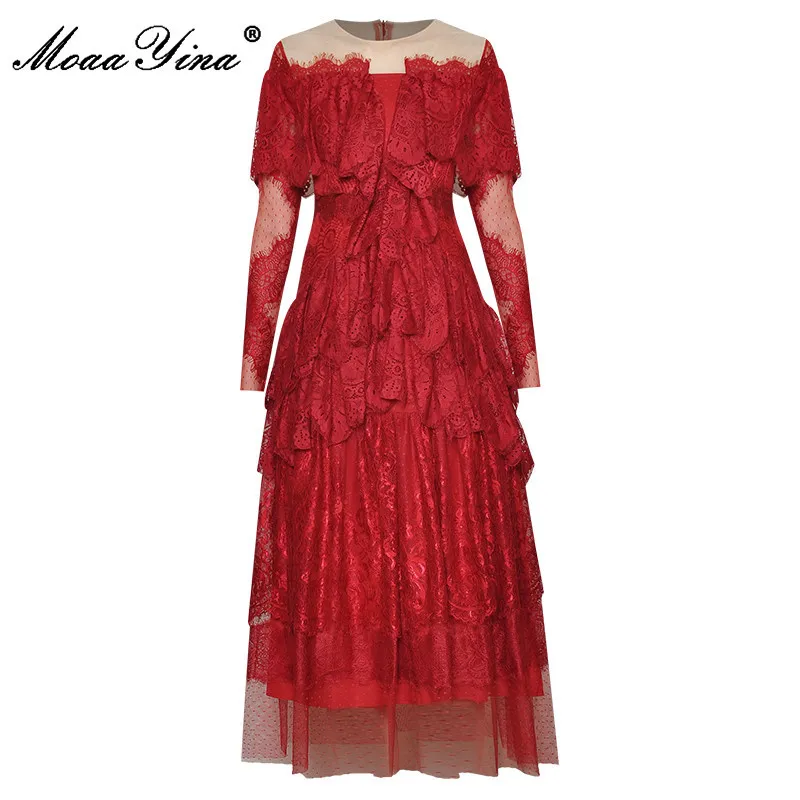 Fashion Designer dress Summer Women's Dress Solid Red Mesh Embroidery Hollow Out Cascading Ruffle Midi Dresses 210524