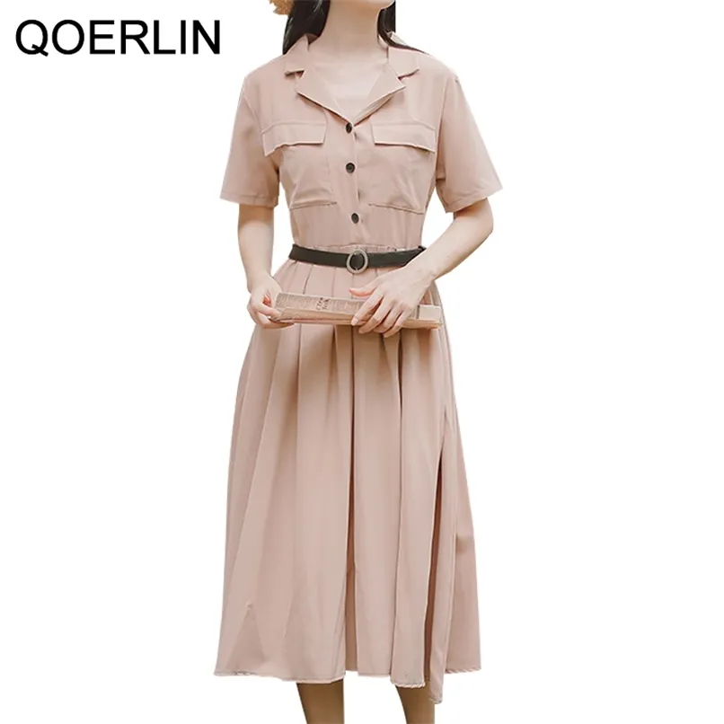 Elegant Shirts Dresses Women Midi Pleated Short Sleeve Belted Slim Waist Female Workwear Vestidos Femme 210601