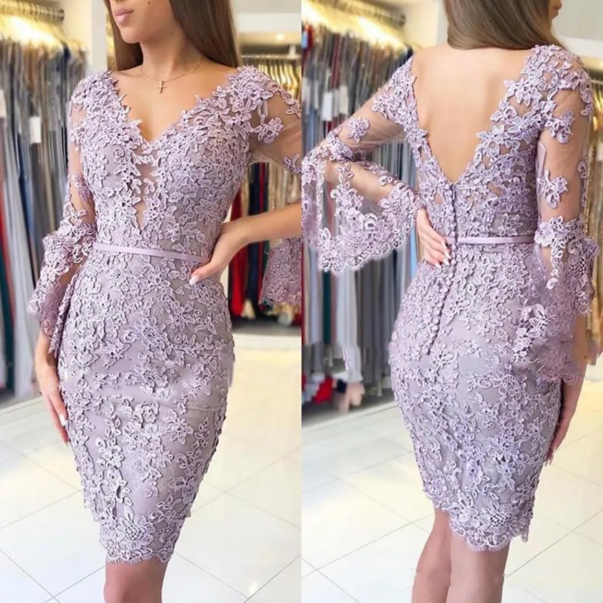 Short Latest Charming Lavender Lace Applique Mother of the Bride Dresses Long Sleeve V Neckline Wedding Guest Gowns Back Out