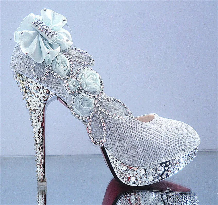 Zilveren diamant bloemen bruiloft schoenen bloem pompen hoge hakken bruids schoenen 8cm 10cm 11cm prom schoenen voor dame