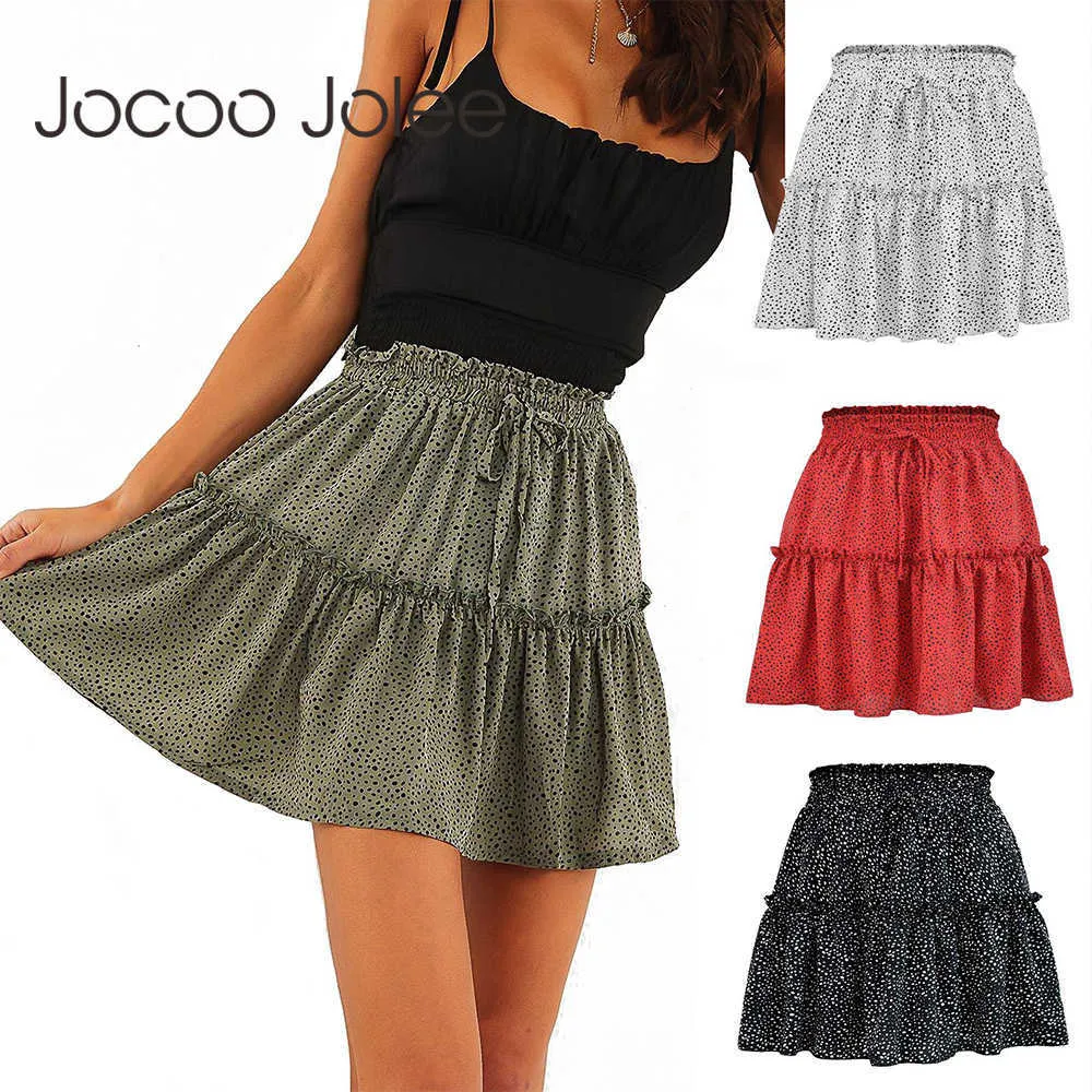 Jocoo Jolee Women High Waist Dot Ptint Chiffon Skirt Casual Tie Up Ruffled Pleated Mini Skirts Elegant Summer Beach Skirt 210619