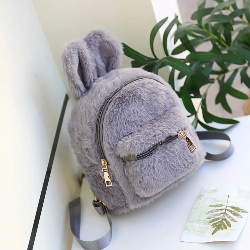 Children School Bag Plush Faux Fur Mini Rabbit Ears Kids Backpacks Girls Children School Kindergarten Shoulder Mini Backpacks 211026