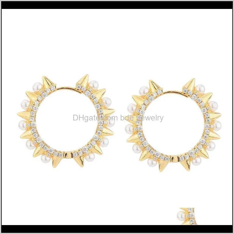 fashion punk pearl hoop earrings micro zircon gold color rivets steampunk earring for women aretes de mujer dff0529