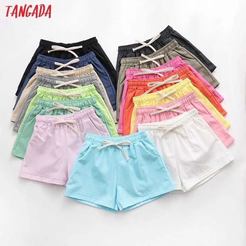 Tangada Mulheres Candy Cor Cotton Shorts Bow Strethy Cintura Bolsos Feminino Retro Básico Casual Shorts Pantalones 4A4 210609
