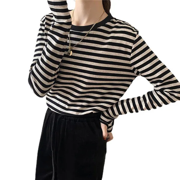 Womens T-Shirt female full hooking sleeve cotton T-shirt girls slim stretchy vintage striped tshirts tops for woman early autumn