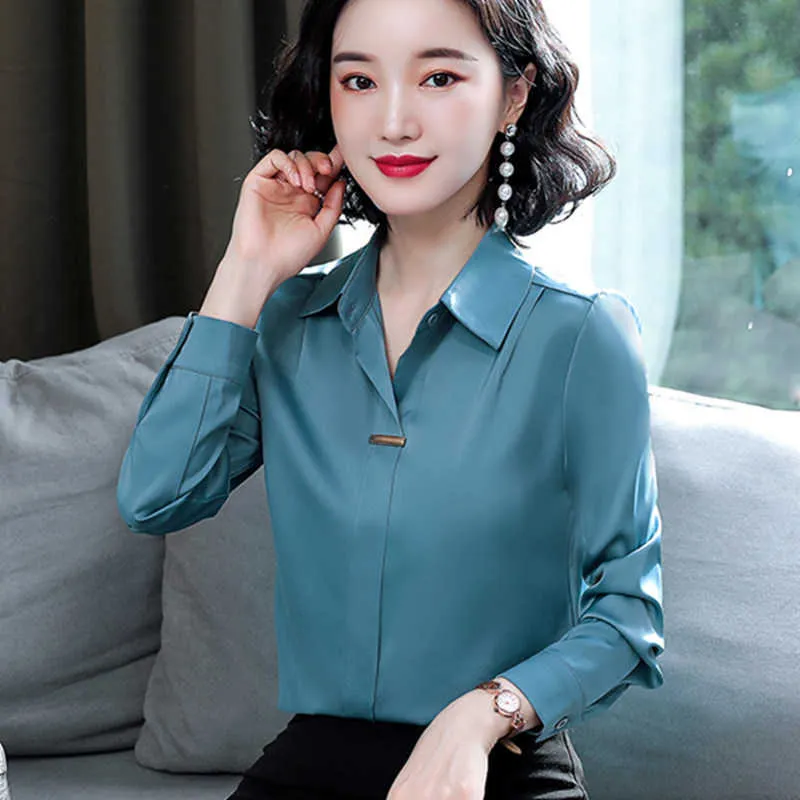 Coréen soie femmes chemises bureau dame à manches longues femme Blouses chemise Satin col en V hauts grande taille XXXL 210531