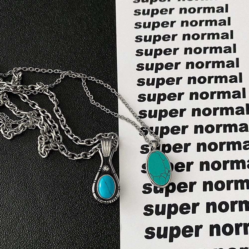 Japanese Niche Turquoise Medal Pendant Necklace Hip-Hop Trend Shirt Sweater Chain Titanium Steel Simple Jewelry Accessories