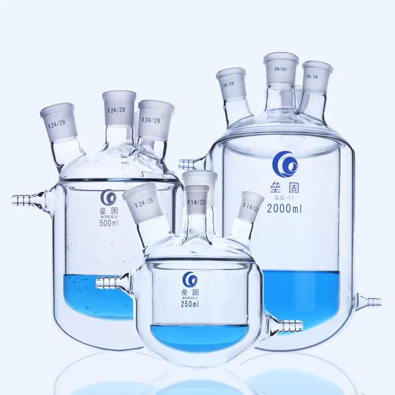 Lab Supplies Round Bottom Four Mouth Glass Jacketed Reaction Bottle Laboratory Double-layer Flask