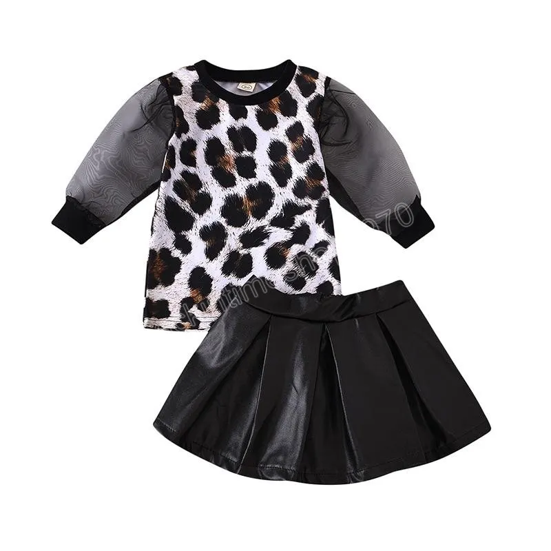 Ensembles de vêtements pour enfants filles tenues enfants Tops à manches en dentelle léopard + jupes en cuir PU 2pcs / set mode printemps automne été Boutique vêtements pour bébés