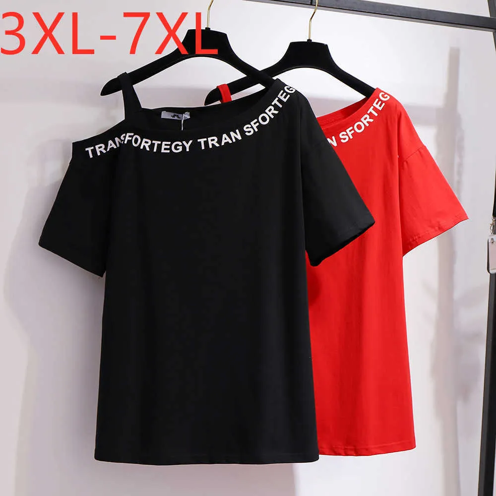 新しい2021年の夏のプラスサイズのトップは女性のための大きい緩い半袖黒赤い綿の肩のTシャツ3xl 4xl 5xl 6xl 7xl x0628