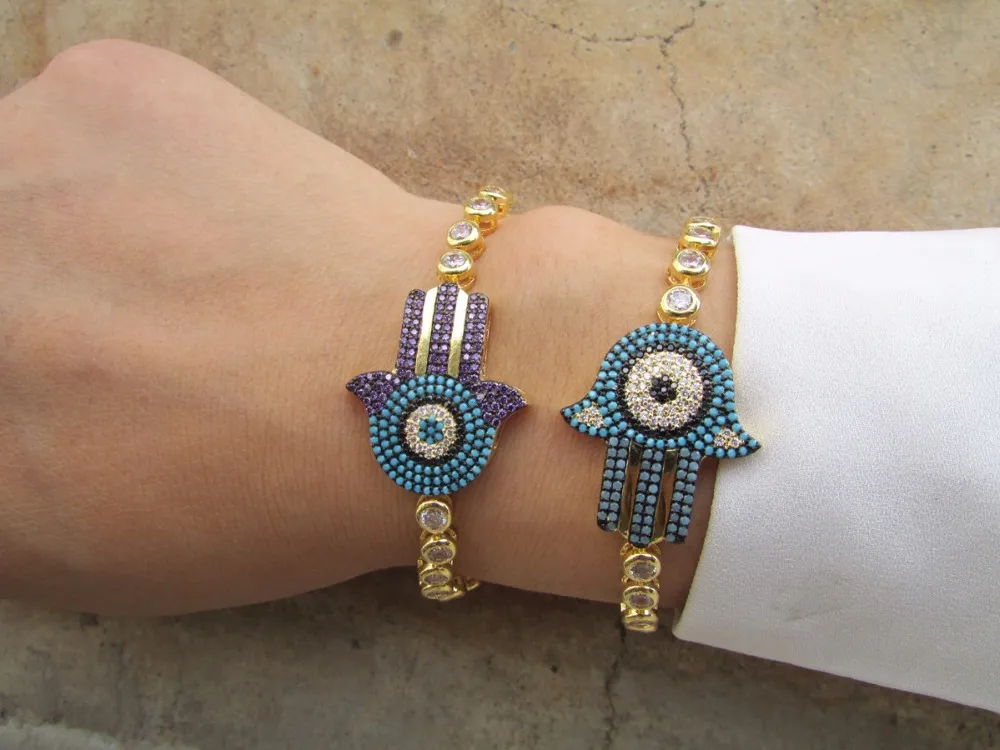 Toppkvalitet blå lila turkisk mode fatima tennis aaa cubic zirconia bling kvinnor flicka hamsa hand armband hansa smycken