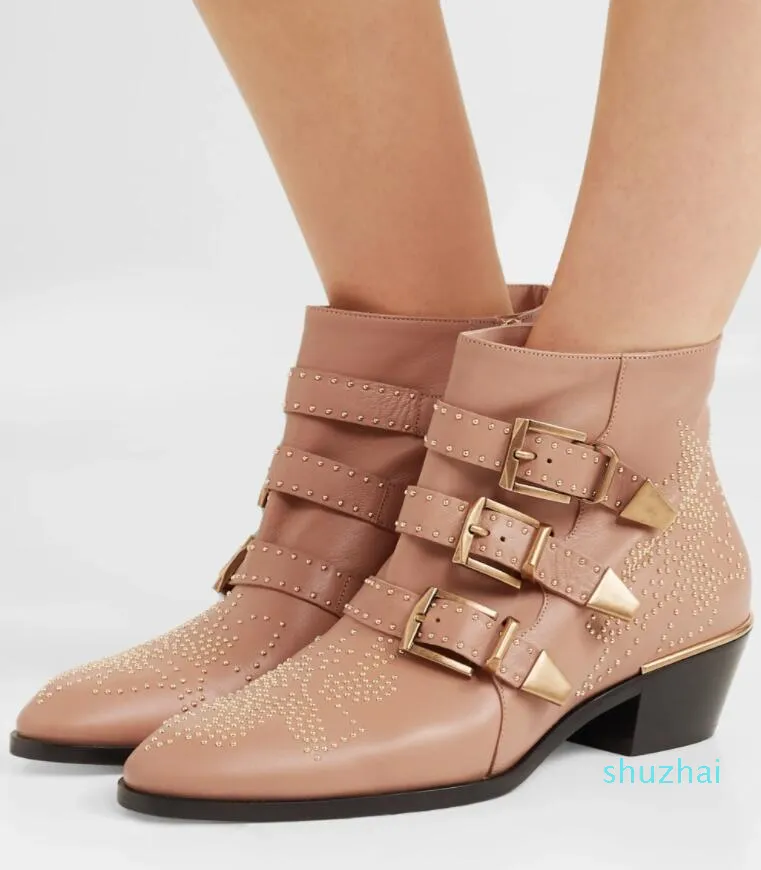 2021 Fall Winter Luxury Studded Buckle Ankle Boots women Martin Boot Genuine Leather Suede Designer Booties Chunky Heel Combat