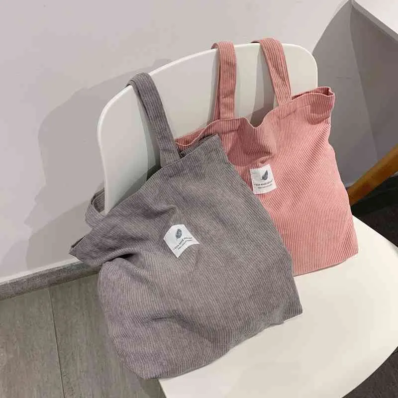 2021 Corduroy Bag för Kvinnor Shopper Kvinna Designer Handväskor Miljöförvaring Återanvändbara tjejer Liten kanfas axeltote