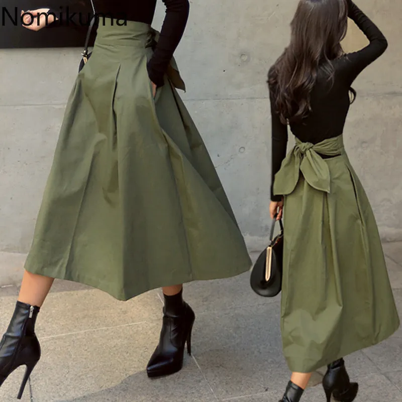 Nomikuma Army Green Skirt Women Back Bow Knot A-line Solid Color High Waist Mid Calf Skirts Streetwear Jupe Longue Femme 3d466 210514