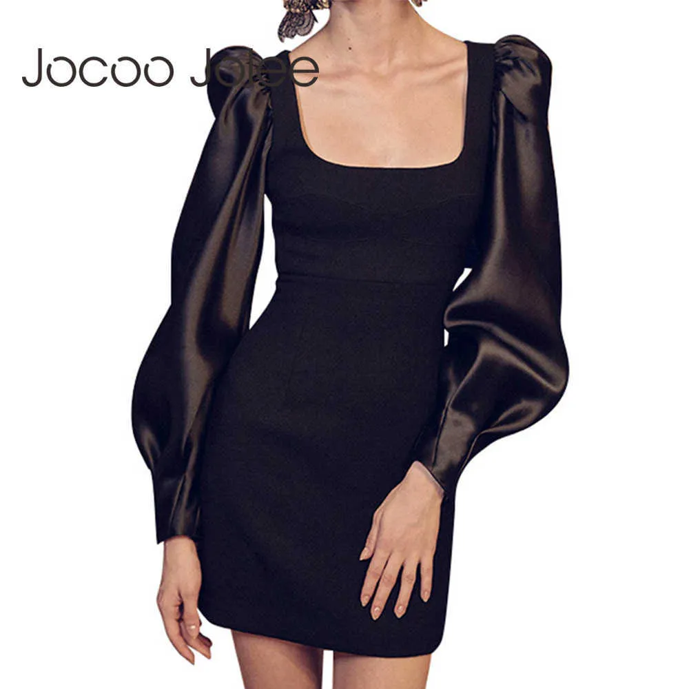 Jocoo Jolee Élégant Europe Style Satin Manches Bouffantes Patchwork Robe Moulante Casual High Street Col Carré Robe De Soirée De Luxe 210619