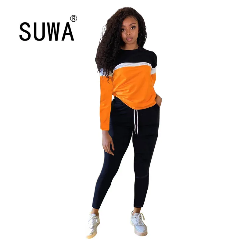 Hurtownia Damska Odzież Dostawcy Kobiety Zestaw 2 Sztuk Lounge Wear Swetal Bluzy + Spodnie Joggers Pants Siat 210525