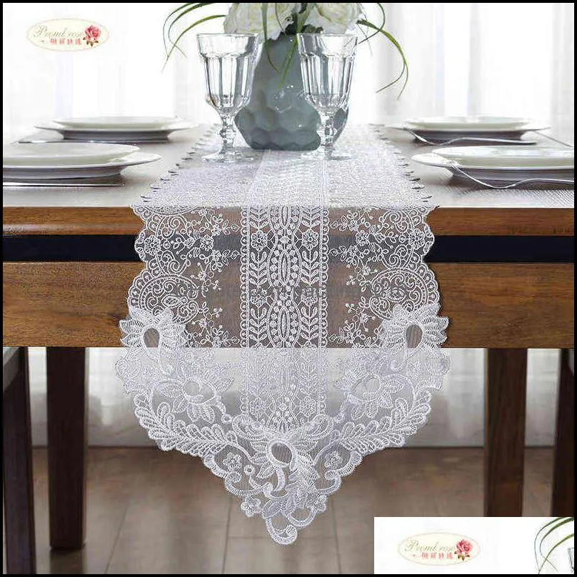 Proud Rose Korean Lace Table Runner Wedding Decoration White Table Flag Embroidered Tablecloths TV Cabinet Table Cover 220107